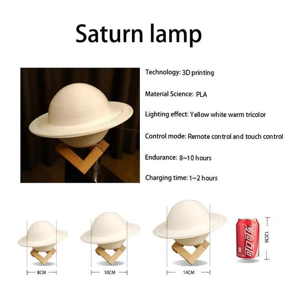 131622cm 3D Print Saturn Night Lamp 16 Colors Remote Touch Control Bedside Lamp Bedroom Decoration Moon Light Children Gifts C251122