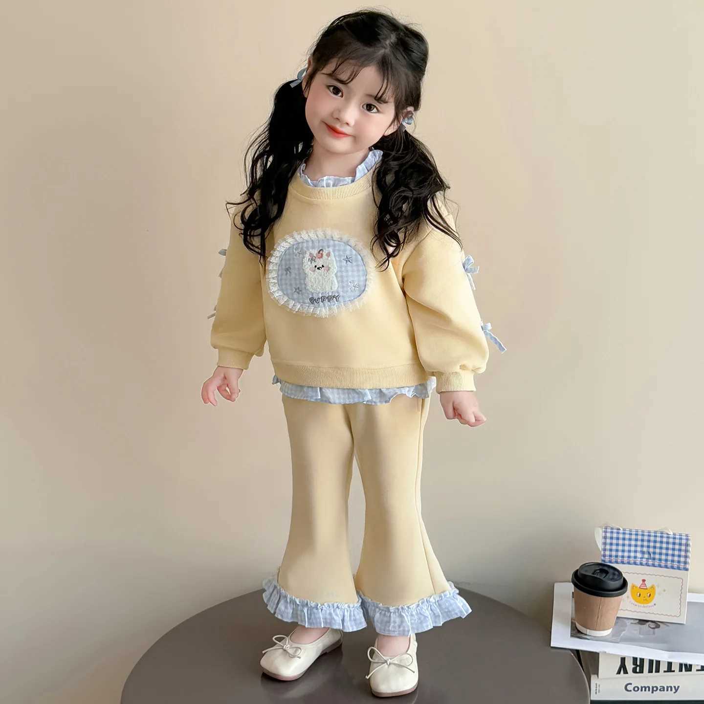 Girls Suit 2025 Autumn New Childrens Clothes Girls Baby Fashion Plaid Lace Cartoon Hoodie Twopiece Set Casual Simple C250913