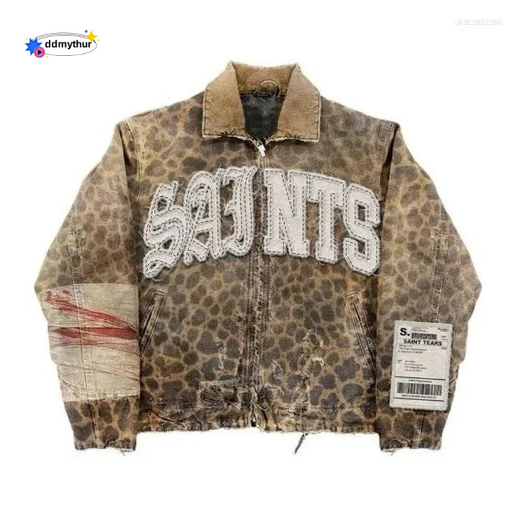 Men's Jackets Streetwear Vintage Leopard Camouflage Jacket Y2K Coats Men Women Hip Hop Letter Patchwork Embroidery Oversized Clothes ddmythur