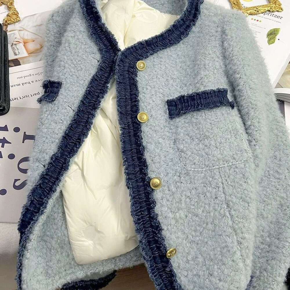 DHEssentials Lined with Fleece, Thickened, Patchwork Blue Style French Short Coat, New Autumn Winter Elegant High-end Top