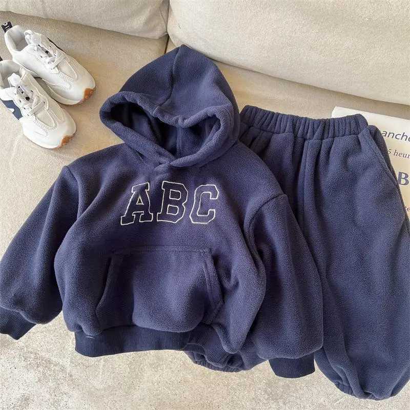 Children Autumn Winter Letter Plus Velvet Warm Hoodies Set Boy Girl Baby Fleece Thick TopsPants 2pcs Kid Cotton Sweatshirt Suit C250913