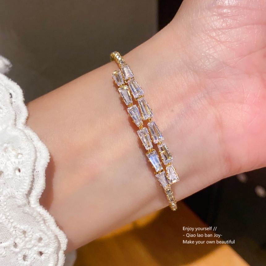 Gold Toned Bangle With Baguette Cut Clear Crystals, Double Layered Sparkly Pave Design Delicate Daily Glamorous Jewelry Gift For Her High - Quality An