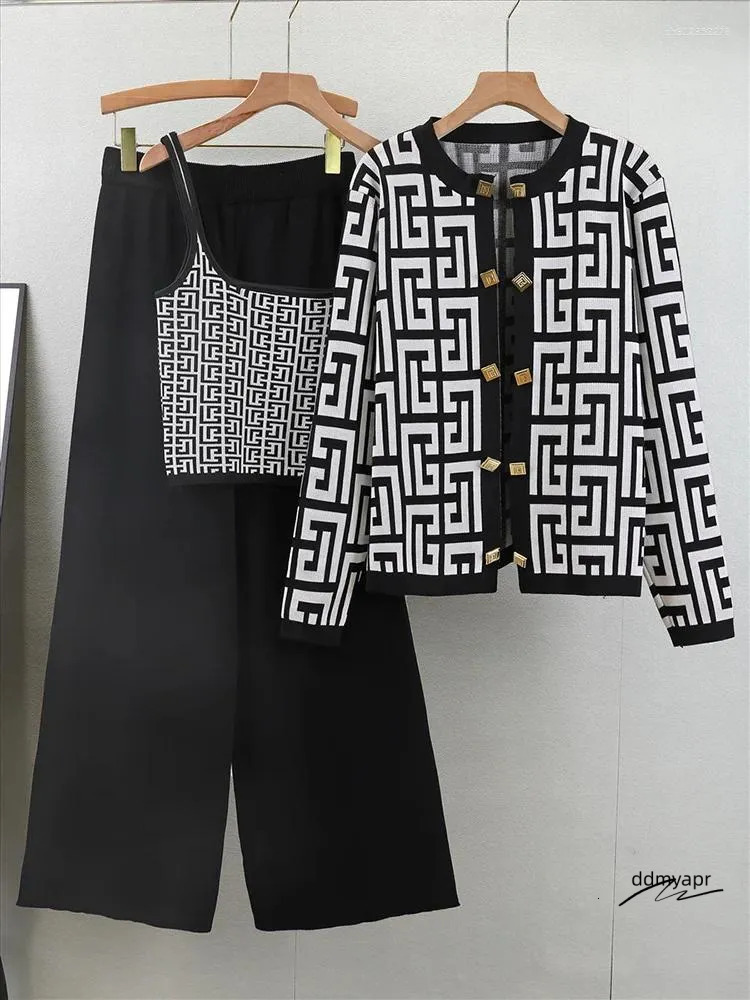 Women's Tracksuits Spring Knitted Three Pieces Sets 2025 Slim Short Tank Top Long Sleeves Cardigan Elastic Wide Leg Pants Fashion Sweater ddmyapr