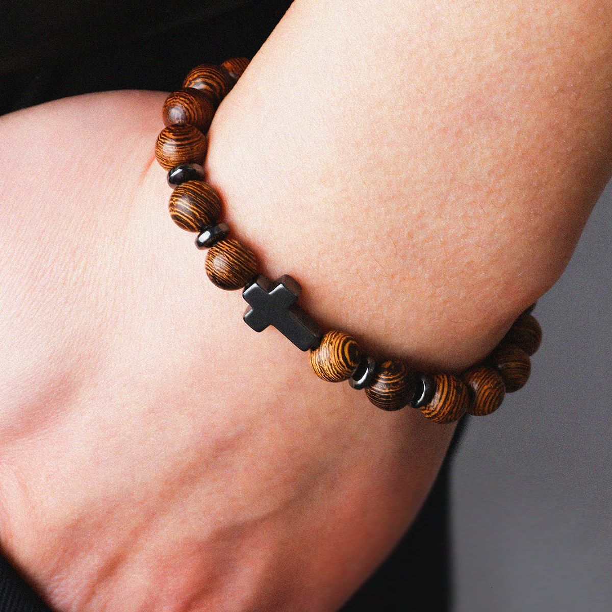 Black Gallstone Cross Beaded Men's Wood Grain Bracelet New Jewelry ddmymoon