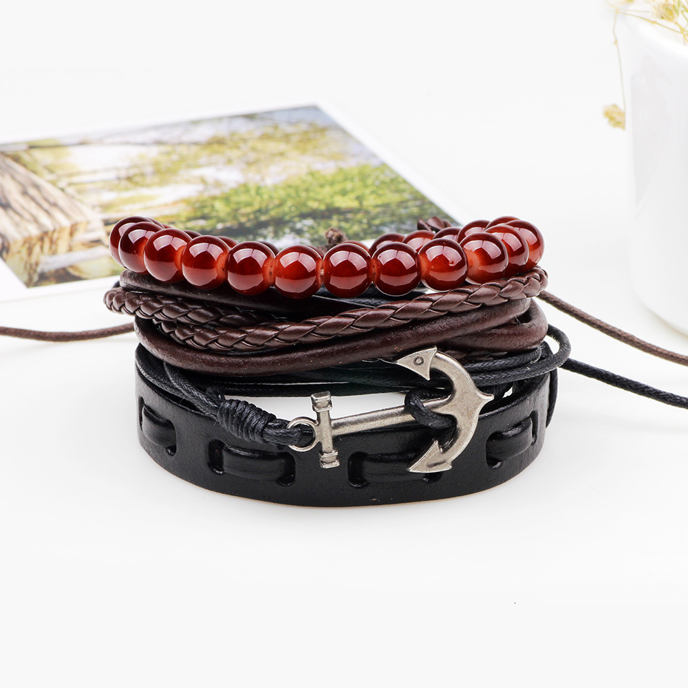 Qino New Navy Cowhide Multi-Strand Bracelet Handmade Woven Beaded National Style Jewelry Anchor Set for Men ddmymoon
