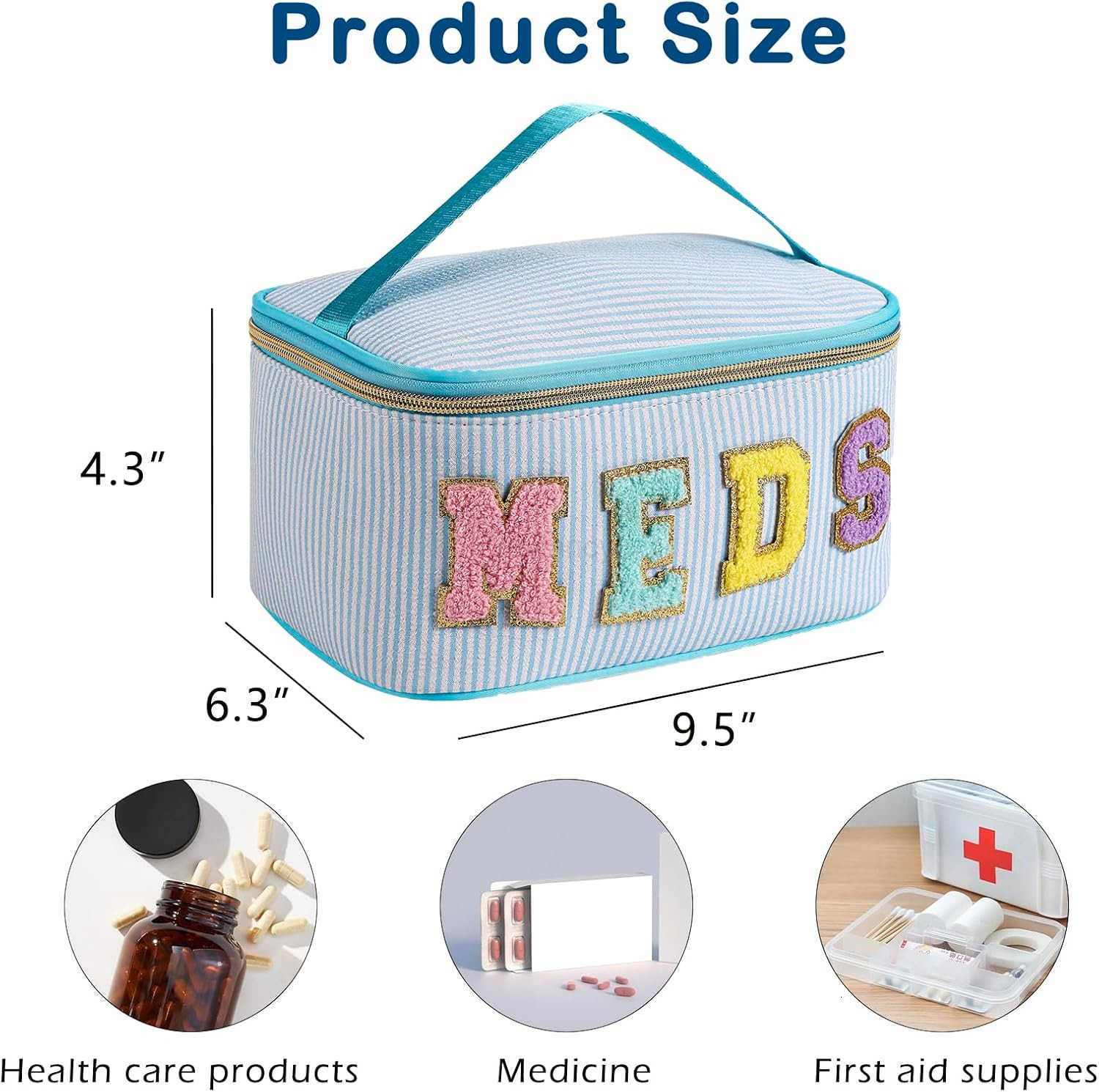 Letter MEDS Makeup BagLarge Size Striped Medicine RX Cosmetic Bag with Top Handle Aesthetic Seersucker First Aid Travel Organizer Bag for Women Girls0
