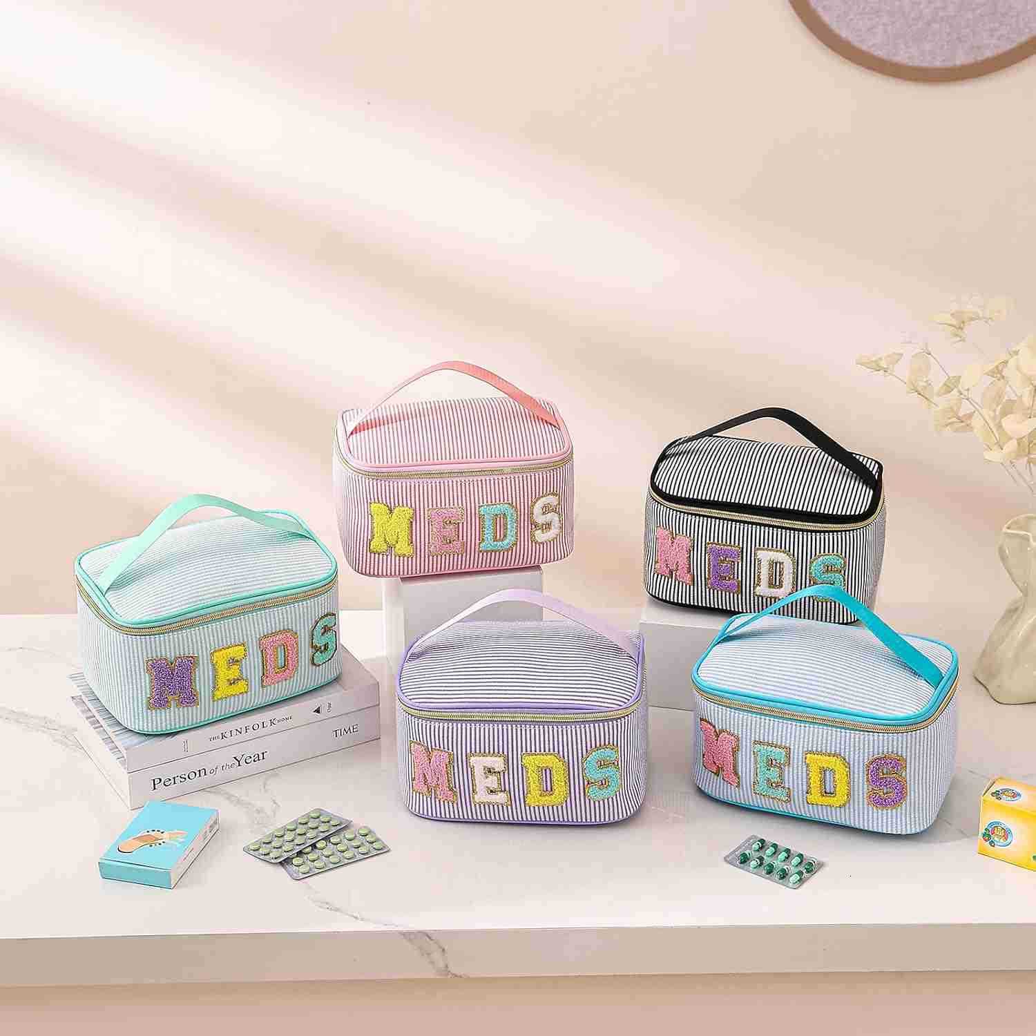 Letter MEDS Makeup BagLarge Size Striped Medicine RX Cosmetic Bag with Top Handle Aesthetic Seersucker First Aid Travel Organizer Bag for Women Girls0