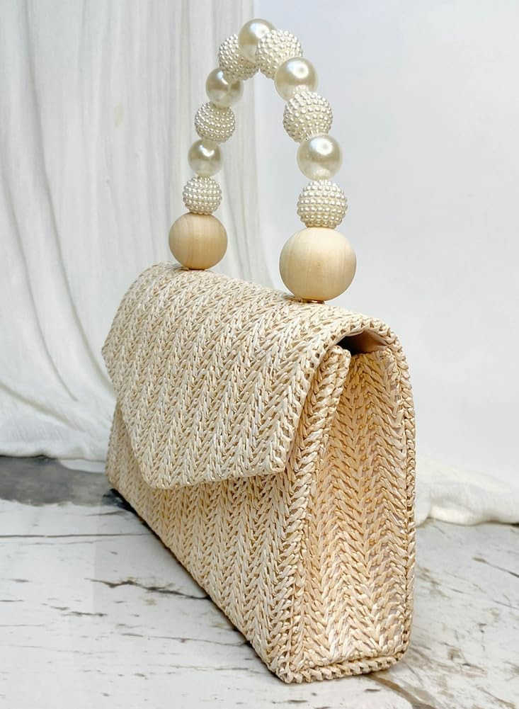 Straw Evening Handbag for Women Exquisite Pearl Beaded TopHandle Purse Small Satchel Purse Woven Clutch Bag 2025W250913