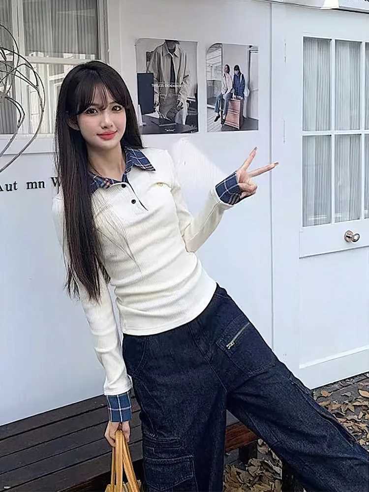 Preppy Neck Knit Plaid Long sleeve T shirt Women False 2 Piece Basic Top V neck Button Blouses Tees 2025 New Z250912