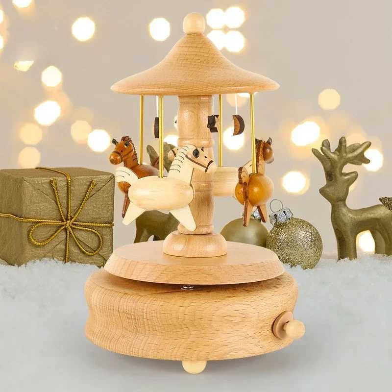 Wooden Carousel Music Box Ornaments Rotatable Handcranked DIY Handmade Birthday Christmas Gift Childrens Toys C250913