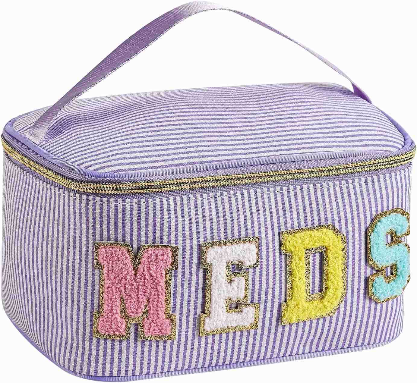 Personalized Chenille Letter Seersucker MEDS Makeup BagLarge Size Medicine RX Cosmetic Bag with Top Handle First Aid Travel Organizer Bag for Women Gi