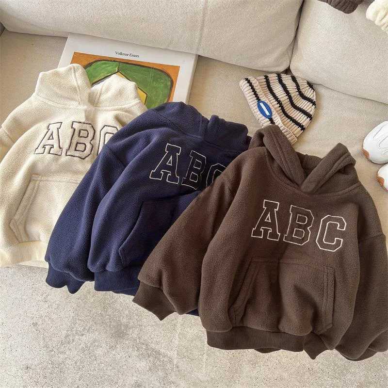 Children Autumn Winter Letter Plus Velvet Warm Hoodies Set Boy Girl Baby Fleece Thick TopsPants 2pcs Kid Cotton Sweatshirt Suit C250913