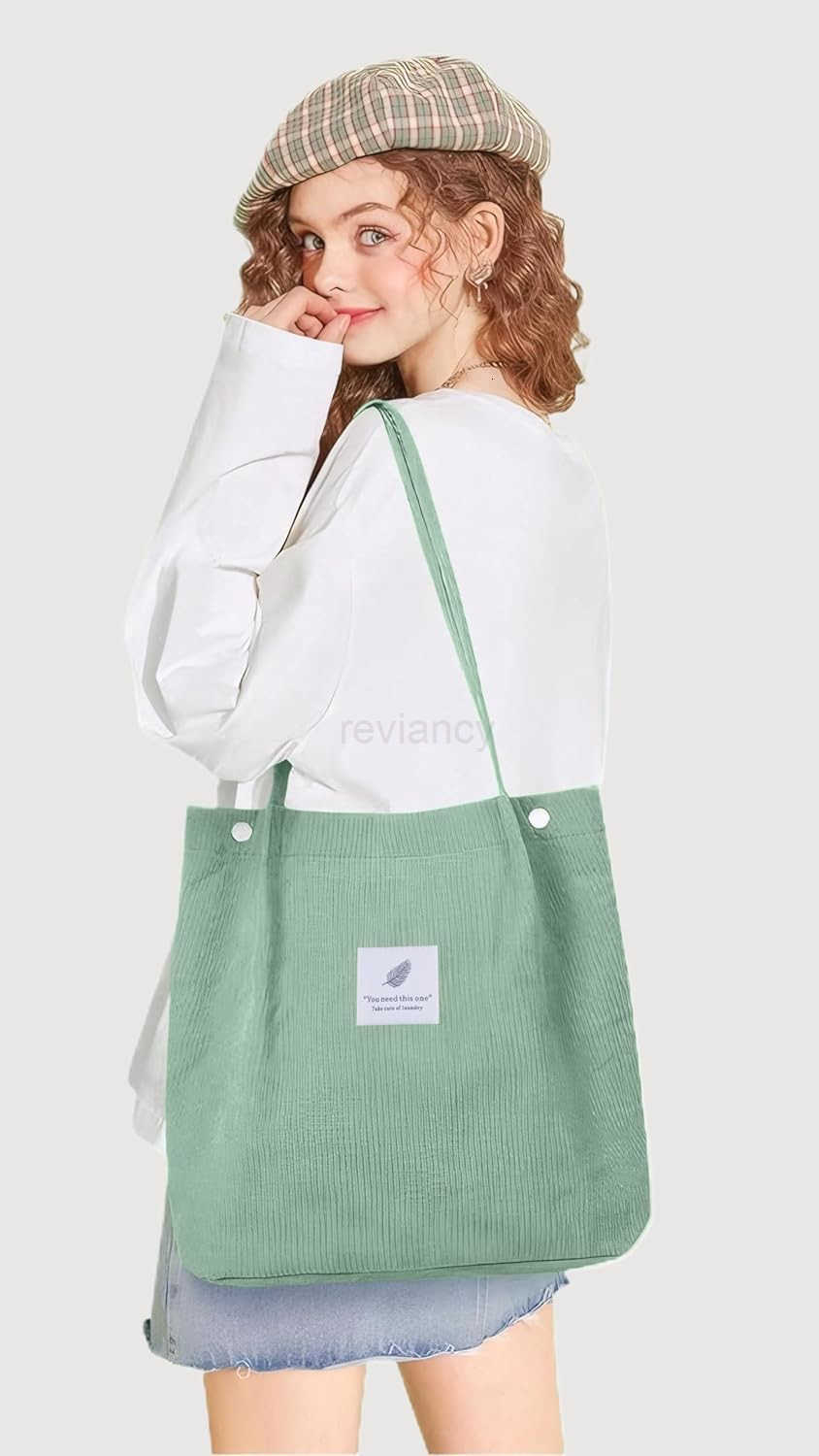 Corduroy Tote Bag for Women Canvas Shoulder Purse Cord Handy Bag with Inner PocketW250913