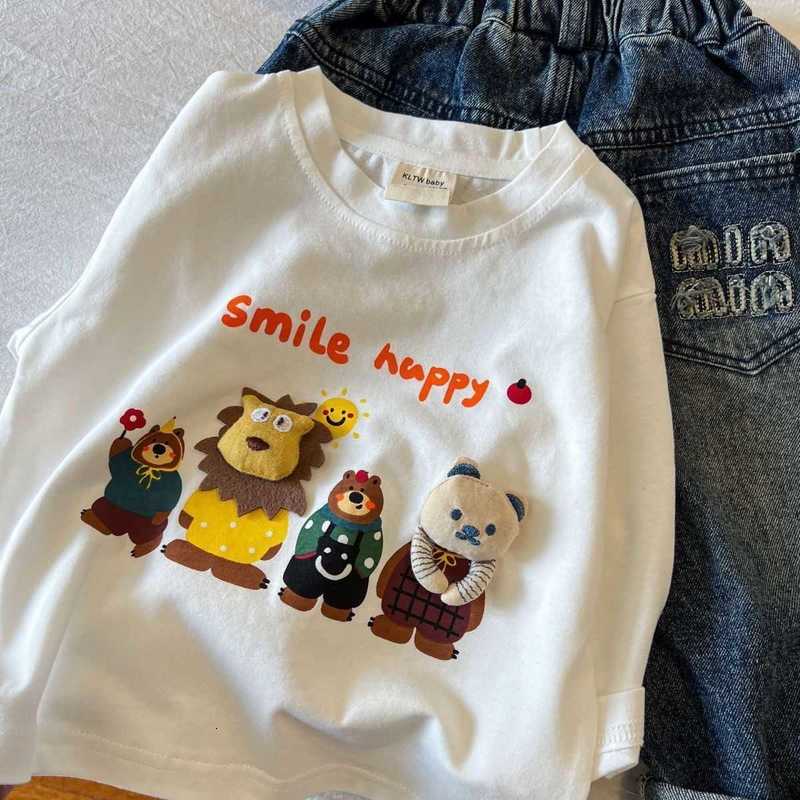 Boys and Girls Pure Cotton Long Sleeve Tops 2025 Spring and Autumn Children's Cartoon Print T-Shirts Versatile Casual Base Shirt