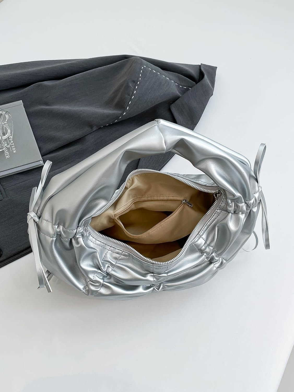 Womens Bow Crescent Shoulder Bag Top Handle Ruched Y2k Underarm BagsW250913