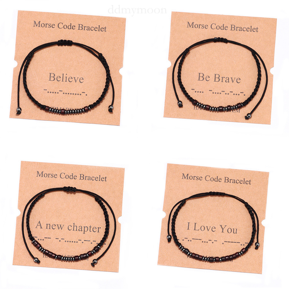 Hand-woven Morse Code Black Gallstone Wooden Bead Couple Alphabet Number Combination Bracelet for Men ddmymoon
