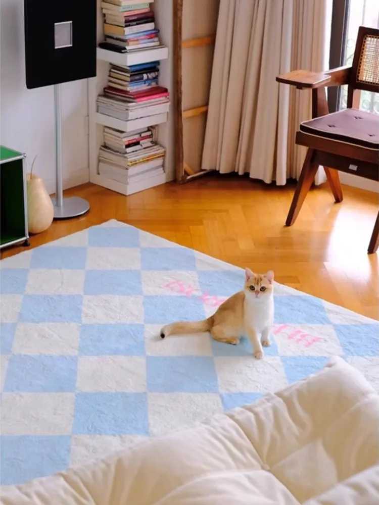 VIKAMA Blue Checkered Carpet Living Room Light Luxury French Bedroom Sofa Floor Mat Furniture Decoration C250913