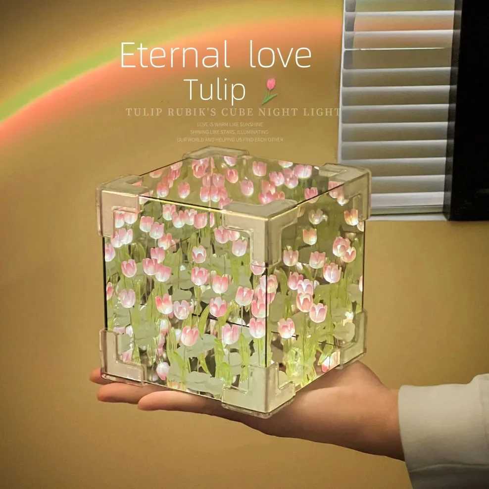 DIY Tulip Mirror Cube Lamp Simulation Flower Bedroom Sleeping Table Lamp Handmade Craft Tulips Mirror Night Light Birthday Gift C251122