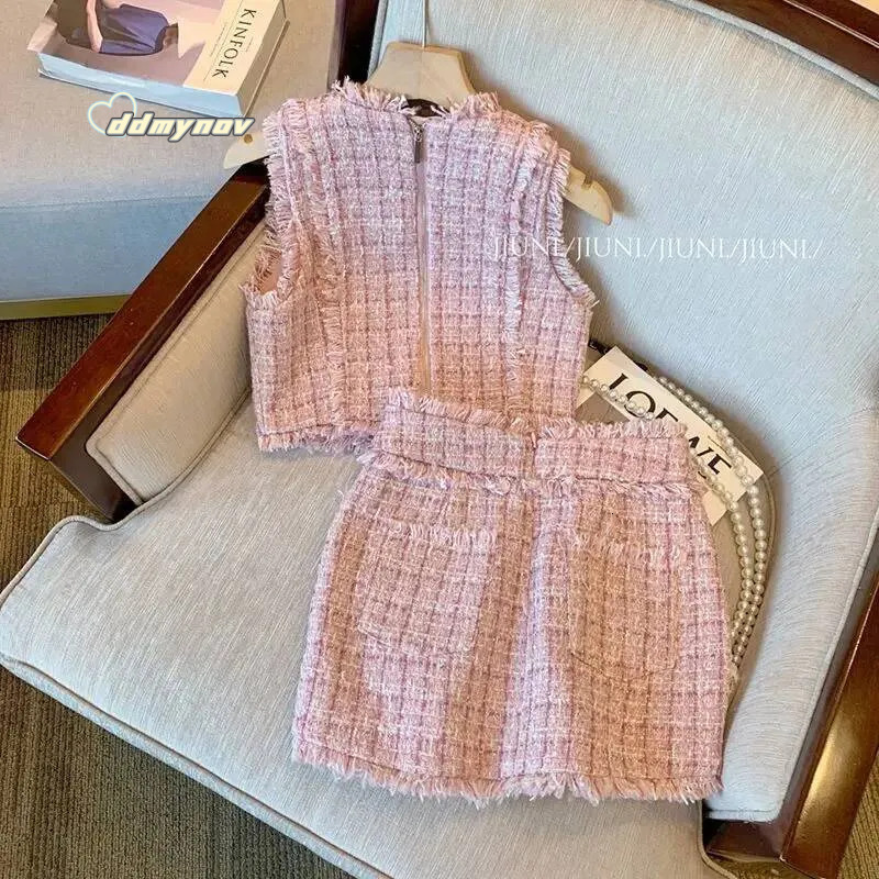 Pink Tweed 2 Pieces Sets Elegant Sleeveless Vest Women A-Line Korean Style Two Piece Skirt Suits Rich Girl Matching Outfit dongdumaoyi ddmynov