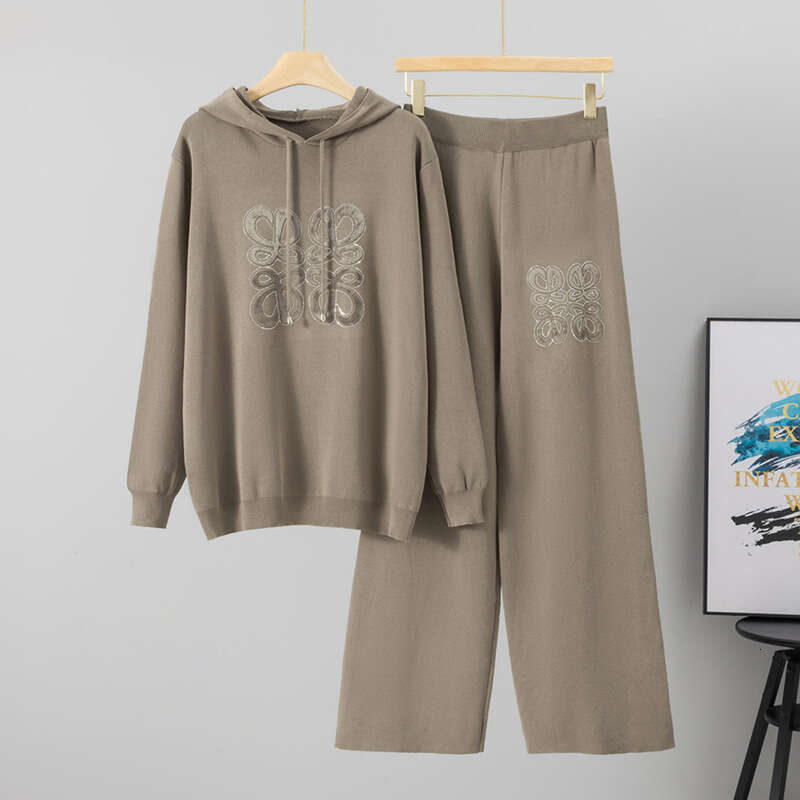 Hot Rhinestone Casual Fashion Knitted Women, Loose Hooded Sweater Wide-Leg Pants Two-Piece Set For Autumn And Winter