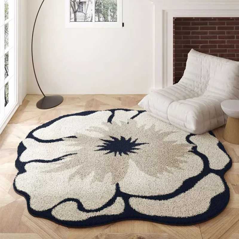 VIKAMA Round Simple Flower Faux Cashmere Floor Mat DirtResistant Bedroom Bedside Study Carpet Home Decoration C250913