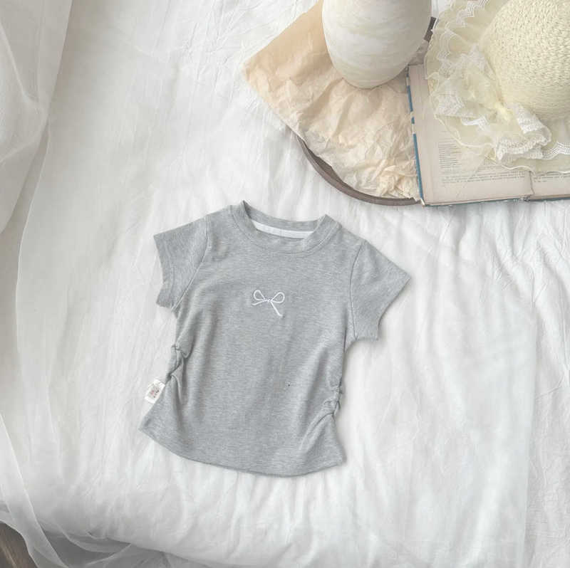 Girls Short Sleeve Slim Fit Cotton T-shirt Embroidered Bow Sweet Princess Style Top Shangqiu Children's Clothing