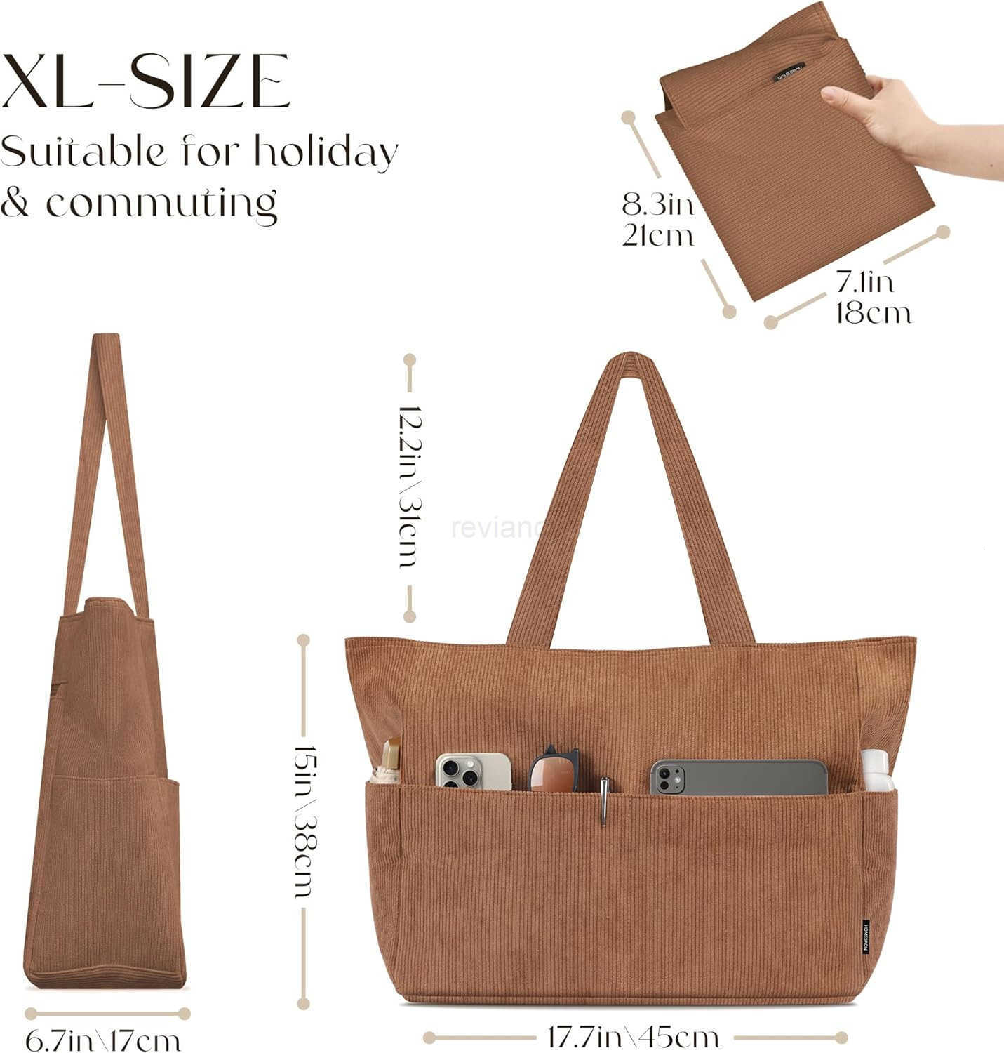 Large Corduroy Tote Bag for Women Everyday Shoulder Bag with Pockets and Zipper for Work Travel VacationW250913