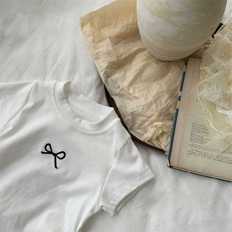 Girls Short Sleeve Slim Fit Cotton T-shirt Embroidered Bow Sweet Princess Style Top Shangqiu Children's Clothing