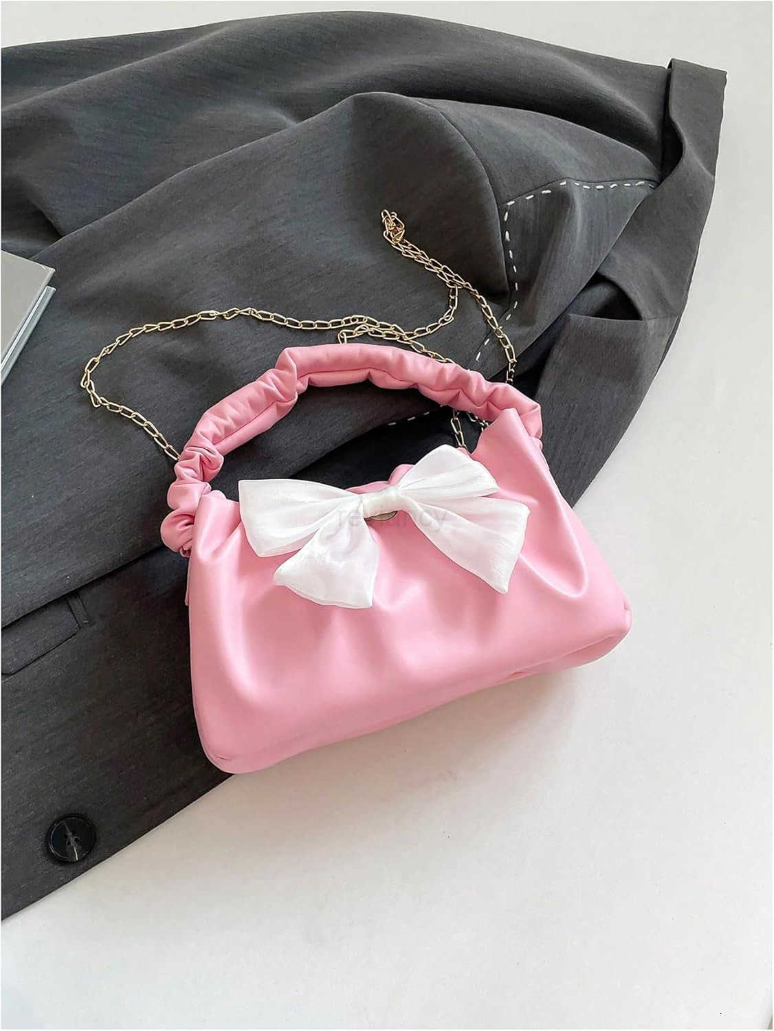 Womens Bow Ruched Strap Handbag Elegant Top Handle Chain Crossbody BagW250913