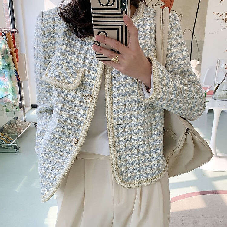 DHEssentials 2025 Spring and Autumn New French Tweed Little Chanel Style Jacket Versatile Stylish Super Beautiful Houndstooth Top for Women