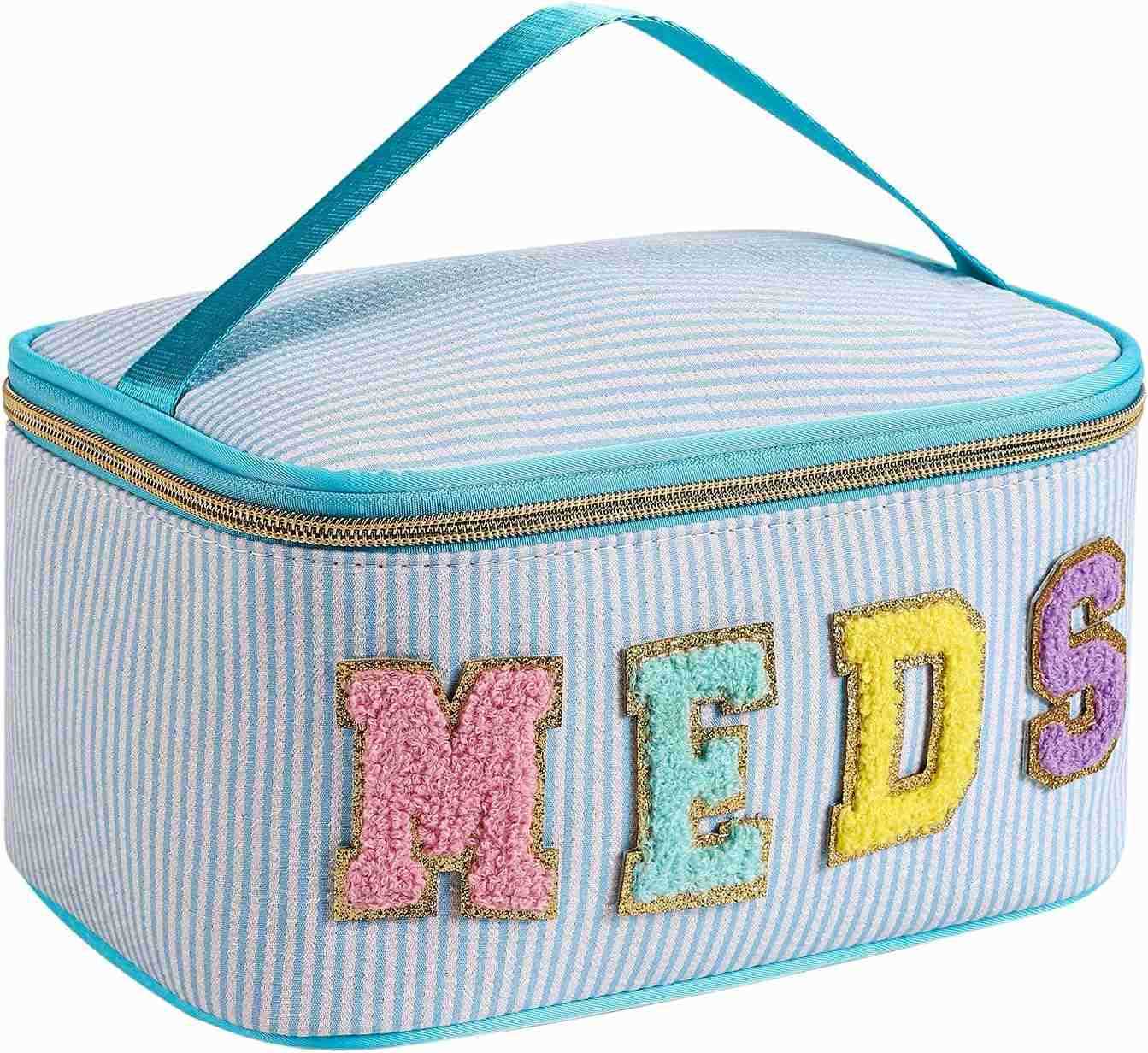 Letter MEDS Makeup BagLarge Size Striped Medicine RX Cosmetic Bag with Top Handle Aesthetic Seersucker First Aid Travel Organizer Bag for Women Girls0