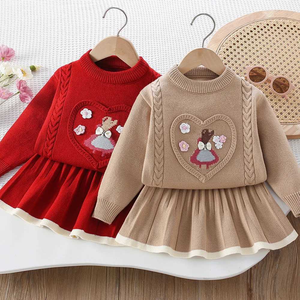 Kids Girls Knitted Sweaters Suit 2025 Autumn Winter New Flowers Children Girls Fashionable Twopiece Skirt Suit C250913
