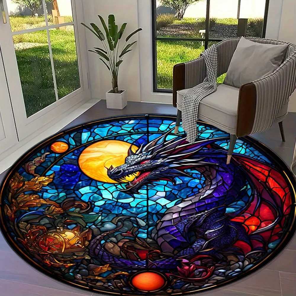 Vibrant Stained Glass Dragon Round Rug AntiSlip Durable Polyester Carpet with Cosmic Design Rich Blues Purples Reds Ora C250913