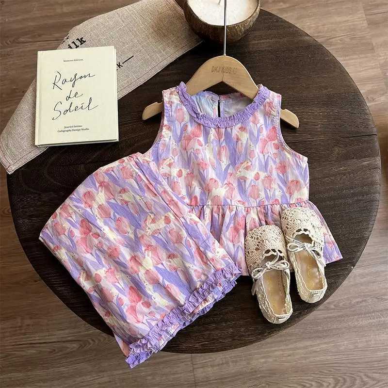 Childrens Clothing Sets Floral Print Sleeveless Top Wideleg Pants 2pcs Sets Toddler Girl Clothes Kids Boutique Clothes C250913