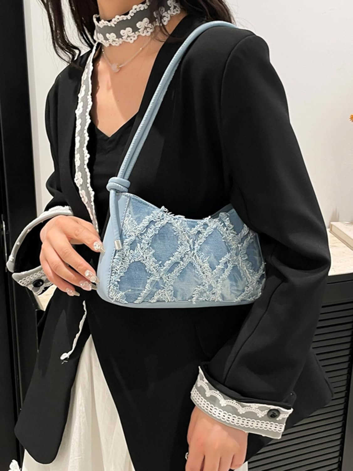 Womens Denim Shoulder Bags Top Handle Handbags Distressed Quilted Jean PursesW250913