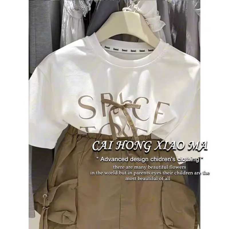 Girls Set 2025 Summer New Korean Baby Girl Bow Short Sleeve Sweet Cool Work Skirt Summer Two Piece Set C250913