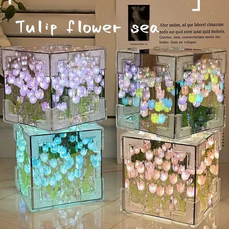 DIY Tulip Mirror Cube Lamp Simulation Flower Bedroom Sleeping Table Lamp Handmade Craft Tulips Mirror Night Light Birthday Gift C251122