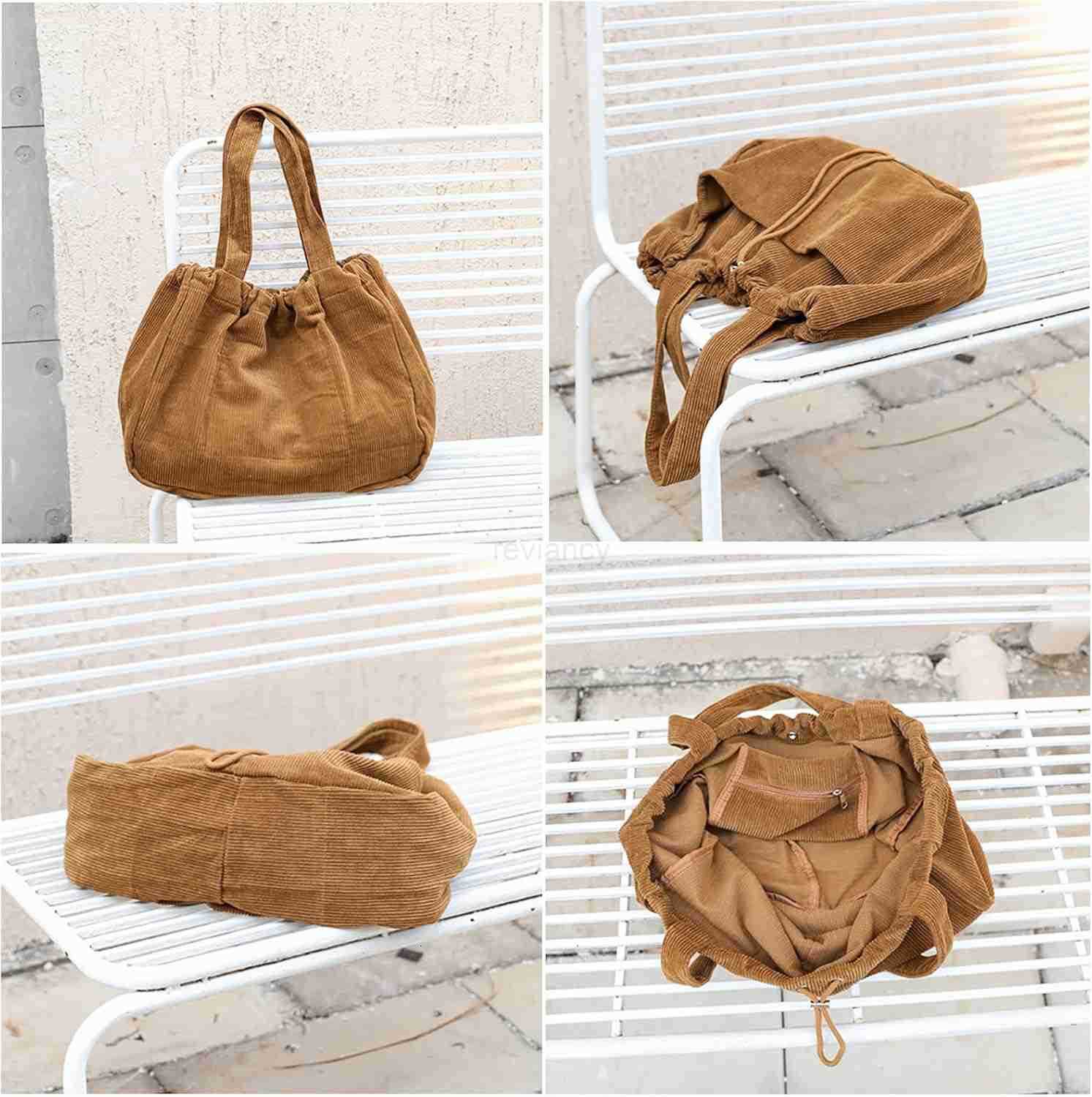 Corduroy Tote Bag for Women Large Capacity Corduroy Bag Work Drawstring Bags with Inner Pocket Office Tote HandbagW250913