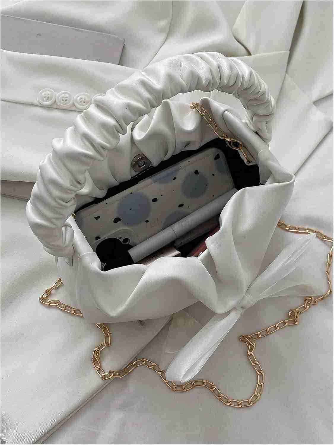 Womens Bow Ruched Strap Handbag Elegant Top Handle Chain Crossbody BagW250913