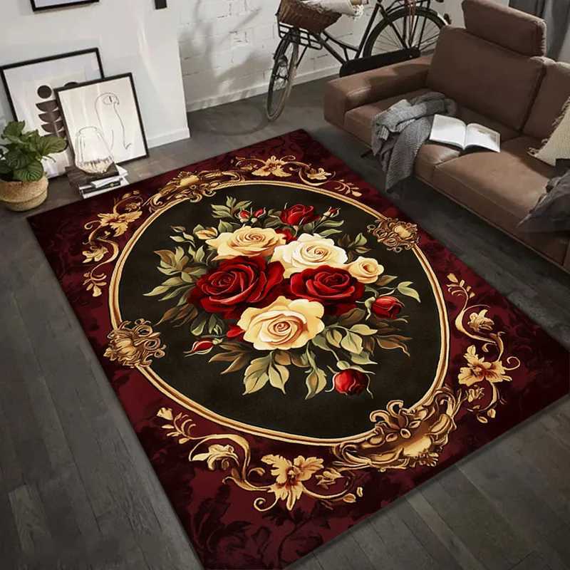 Retro Floral Area Rug Luxury Red White Rose Design Floor Mat for Entryway Bedroom Living Room NonPatchwork Large Size Carpet C250913