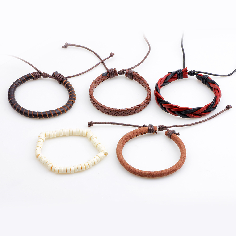 Set of Wooden Bead Bracelets Simple Personality Beaded Genuine Leather Bracelet PU Braided Rope Adjustable Jewelry for Men ddmymoon