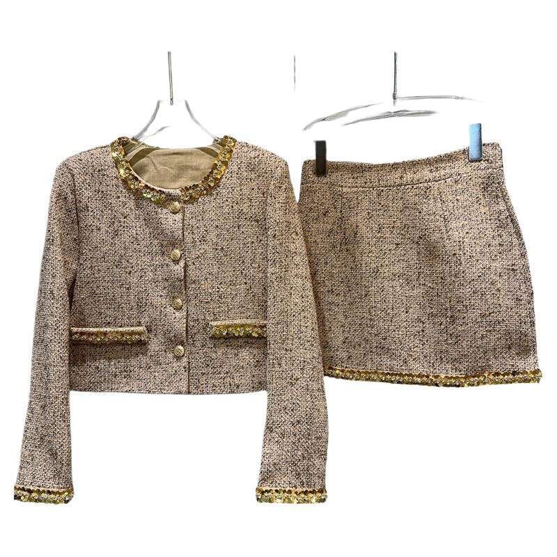 DHEssentials Sequin Street Style Tweed Chanel Outerwear Set for Women 2025 Autumn New High Waist Half Short Skirt