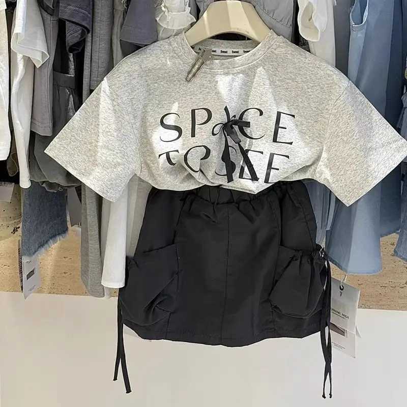 Girls Set 2025 Summer New Korean Baby Girl Bow Short Sleeve Sweet Cool Work Skirt Summer Two Piece Set C250913