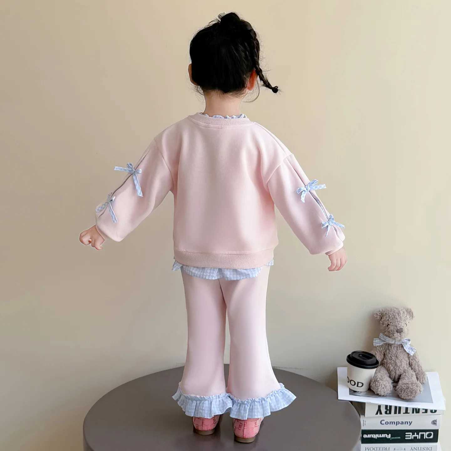 Girls Suit 2025 Autumn New Childrens Clothes Girls Baby Fashion Plaid Lace Cartoon Hoodie Twopiece Set Casual Simple C250913