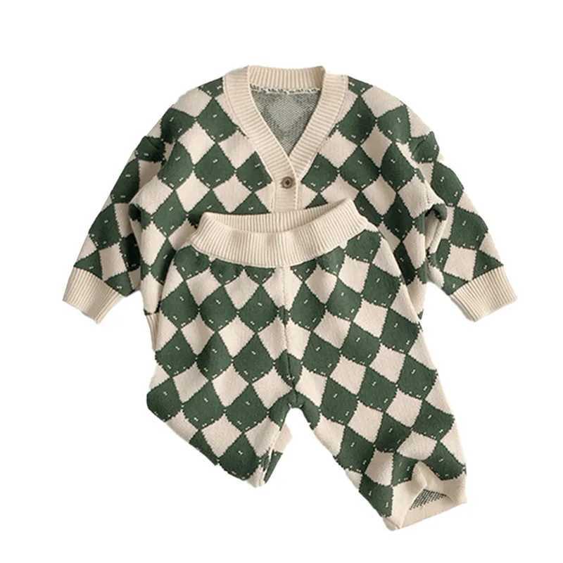 2025 Spring New Children Long Sleeve Sweater Set Boys Girls Vneck Knitted Cardigan Pants 2pcs Suit Kids Casual Plaid Outfits C250913