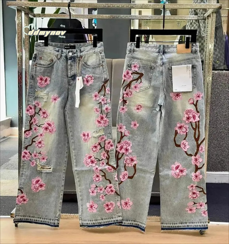 Men's Jeans Streetwear Retro Hip Hop Flower Embroidery Pattern Y2k Men And Women Casual Black Baggy Low Rise Gothic Denim Pants ddmynov
