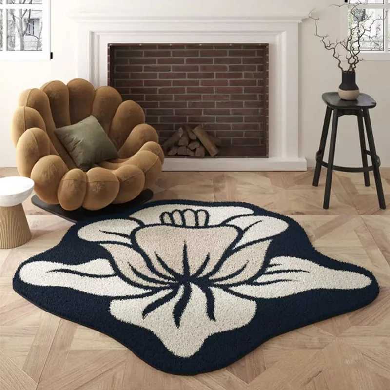 VIKAMA Round Simple Flower Faux Cashmere Floor Mat DirtResistant Bedroom Bedside Study Carpet Home Decoration C250913