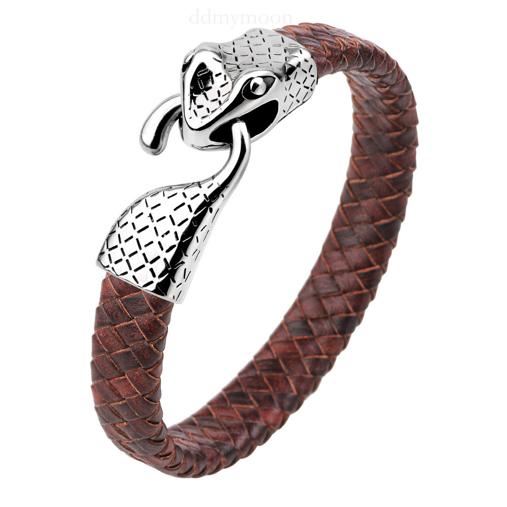 Classic Personalized Leather Stainless Steel Snake Head Handmade Woven Fashion Street Bracelet ddmymoon