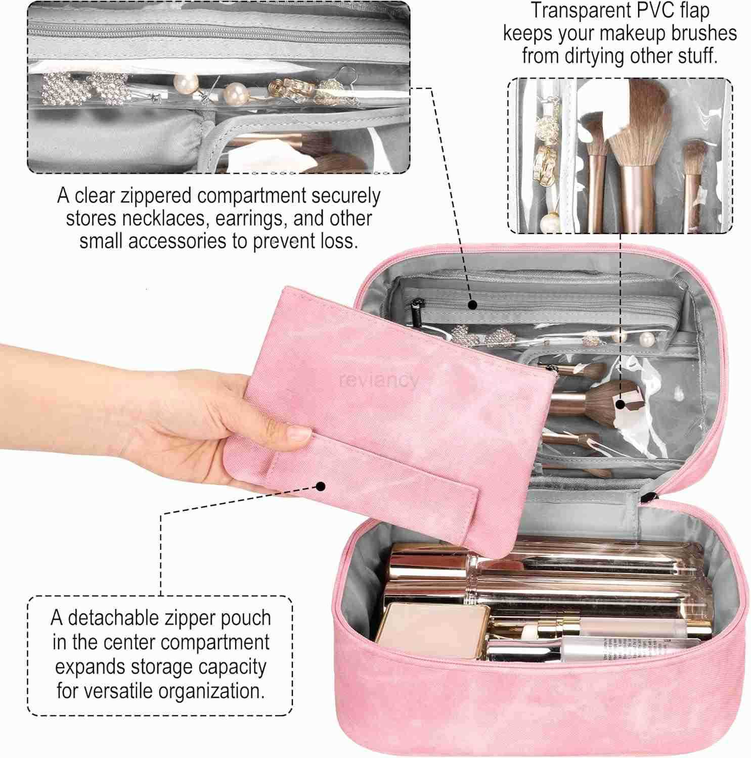 Bag Portable Cosmetic Bag Large Capacity Travel Makeup Case OrganizerStylish DenimLook Toiletry Bag for Women Girls With Handle and Removable PouchW25