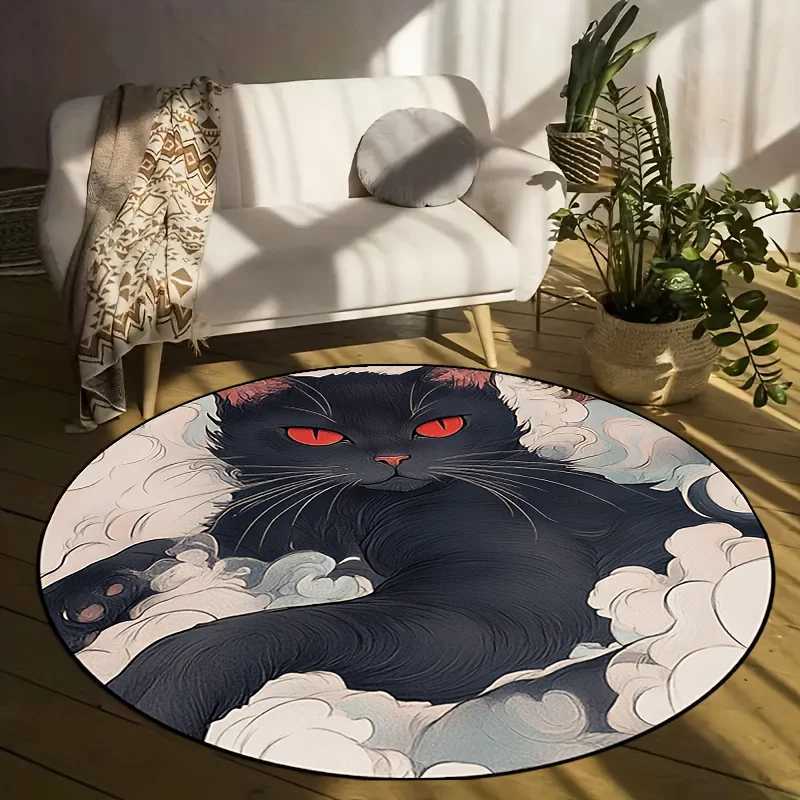 1pc round rug in crystal velvet fabric with black cat pattern suitable for entryway living room bedroom terrace and garden C250913